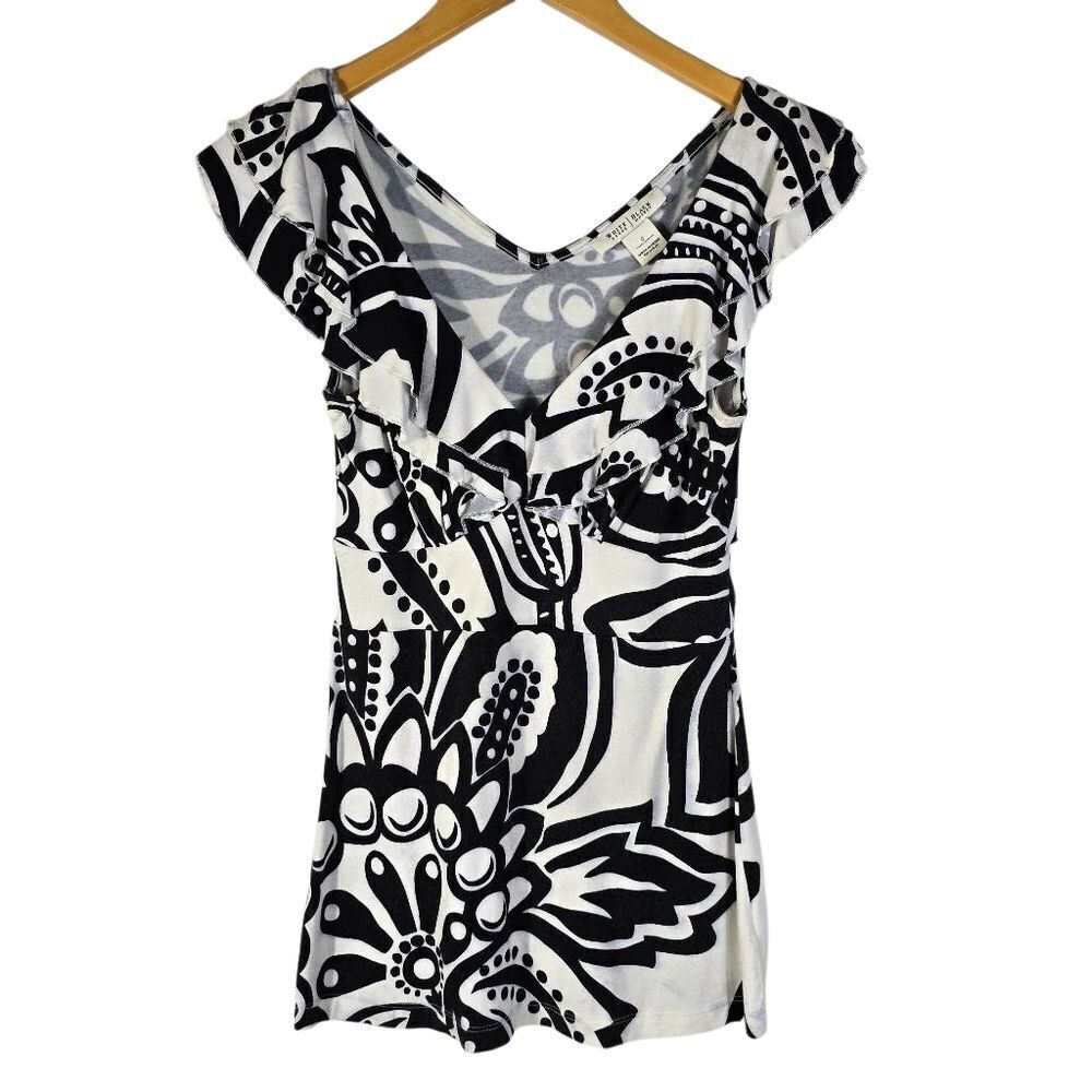 White House Black Market Monochrome Patterned V Neck Blouse Size Small